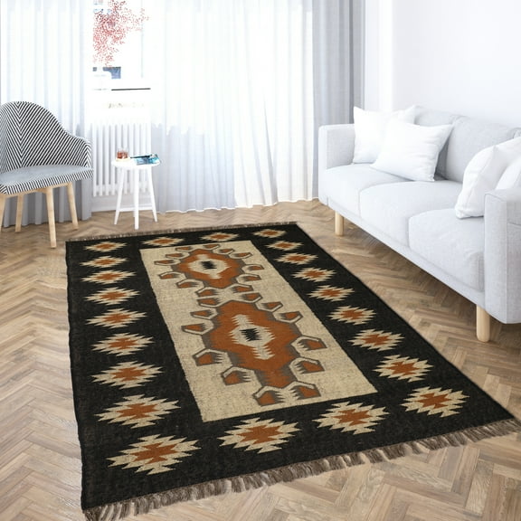 Kilim Wool Jute Rug – Handwoven Southwestern Area Rug with Tribal Geometric Pattern & Fringe 6 X 9   FEET