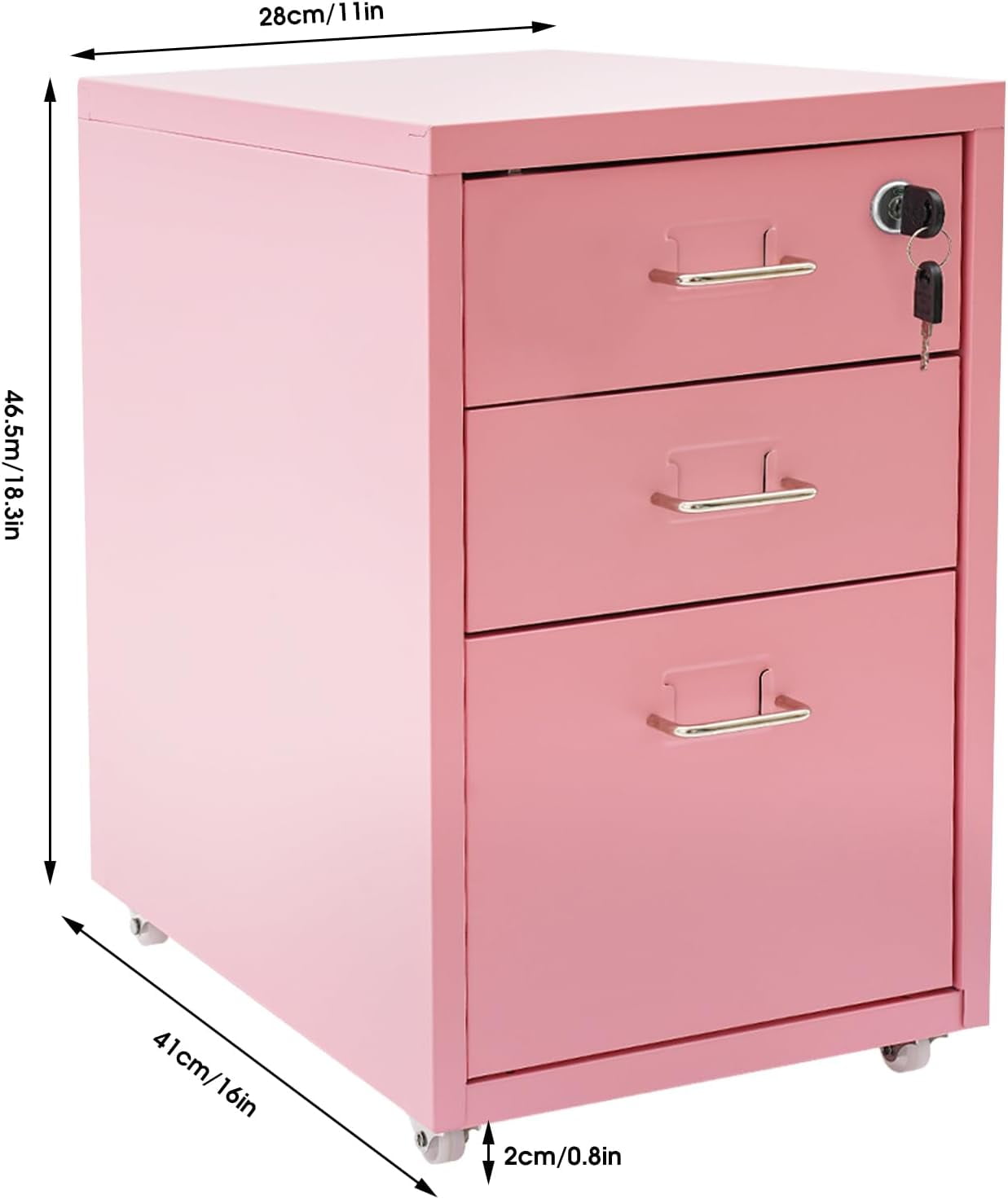 3 Drawer Pikn File Cabinet, Metal Filing Cabinets with Lock, Pink Vertical Filing Cabinet Under Desk for Home Office, Heavy Duty Metal Storage Cabinet for A4/Letter/Legal Size File