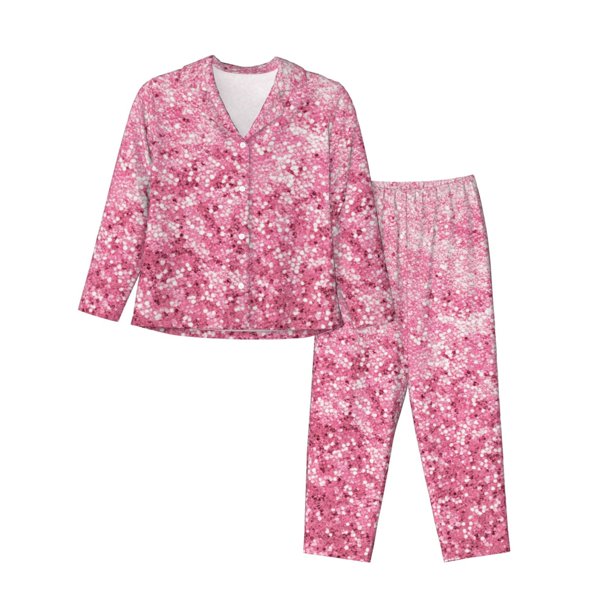 Fotbe Pink Glitter Conjunto de Pijama de Manga Larga para Mujer con Estampado, Ropa de Dormir de 2 Piezas, Conjunto de Casa Suave y Cómodo con Bolsillos-X-Large