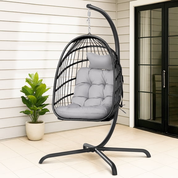 RADIATA Foldable Wicker Hanging Egg Chair With Stand, Swing chair With Stand, Gray Hanging Chair With Cushion and Pillow For Indoor Outdoor Bedroom Garden