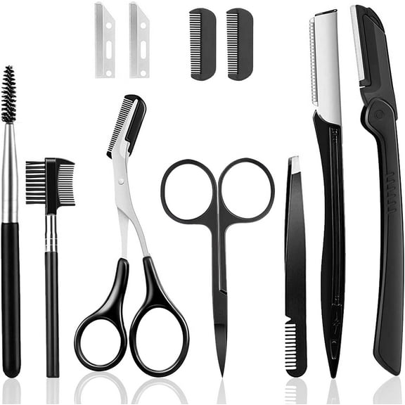 Eyebrow Razor Eyebrow Kit， 11 PCS Eyebrow Grooming Set Eyebrow Trimming Kit for Women Include Facial Trimmer Shaver,Face Razors，Eyebrow Brush,Eyebrow Scissors,Tweezers with Storage Bag
