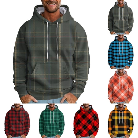 Men's Loose Fit Plaid Print Hoodie, Casual Long Sleeve Pullover Sweatshirt, Cozy Fleece Streetwear for Fall Winter, Christmas Holiday, Lounge and Casual Wear,Blue,4XL