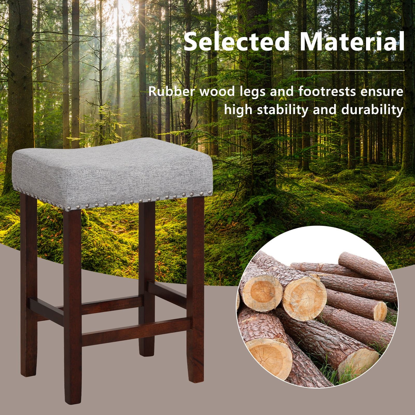 Costway Set of 2 Counter Height Bar Stools Saddle Kitchen Chairs with Wooden Legs Gray