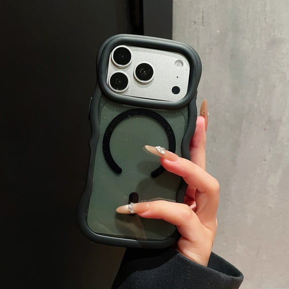 Wave Frame Case for iPhone 17 Pro Max, Compatible with MagSafe, Stylish Lightweight Shockproof Protective Silicone PC Glitter Clear Back Cover for Girls Women - Black