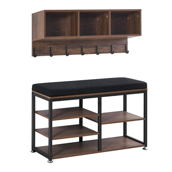 3-in-1 Steel Frame Hall Tree Entryway Organizer with Shoe Bench Coat Rack and Bookshelf Rustic Brown for Bedroom Closet Office