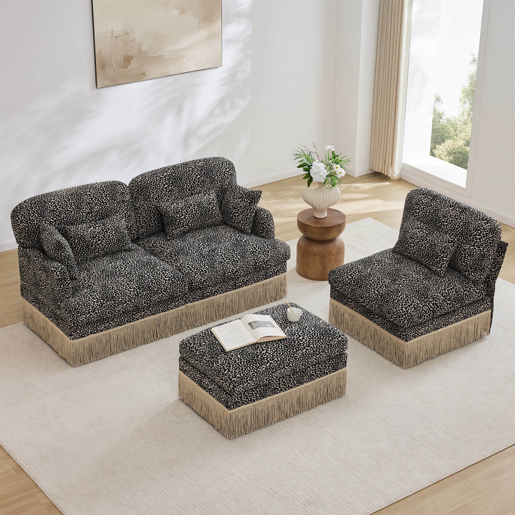 100" Chenille Leopard Tassel Deep Seat L Shape 3 Seater Modular Sofa Couch with 5 Throw Pillows and Ottoman