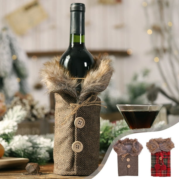 Decoración de la tapa de botellas de vino de Navidad | Manga de tela a cuadros a rayas | Rojo y Marrón | 9,45"x5,51" | Agarre antideslizante aislado | Accesorio de mesa festiva, idea de regalo