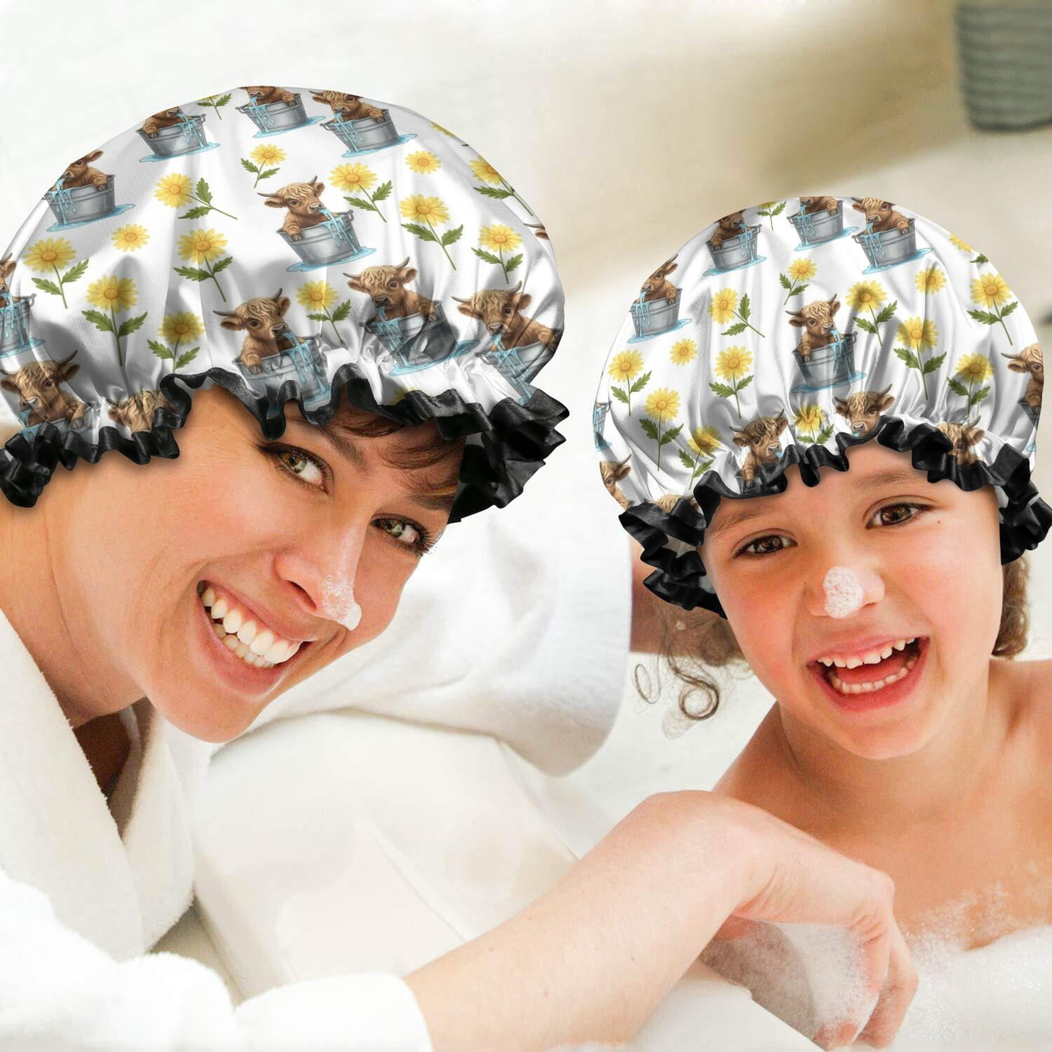 Shower Caps,Highland Cow Bucket Flower Pattern Waterproof Shower Cap for Women 4 Pieces,Double Reusable Hair Cover for Shower PEVA Elastic Stretch Hem