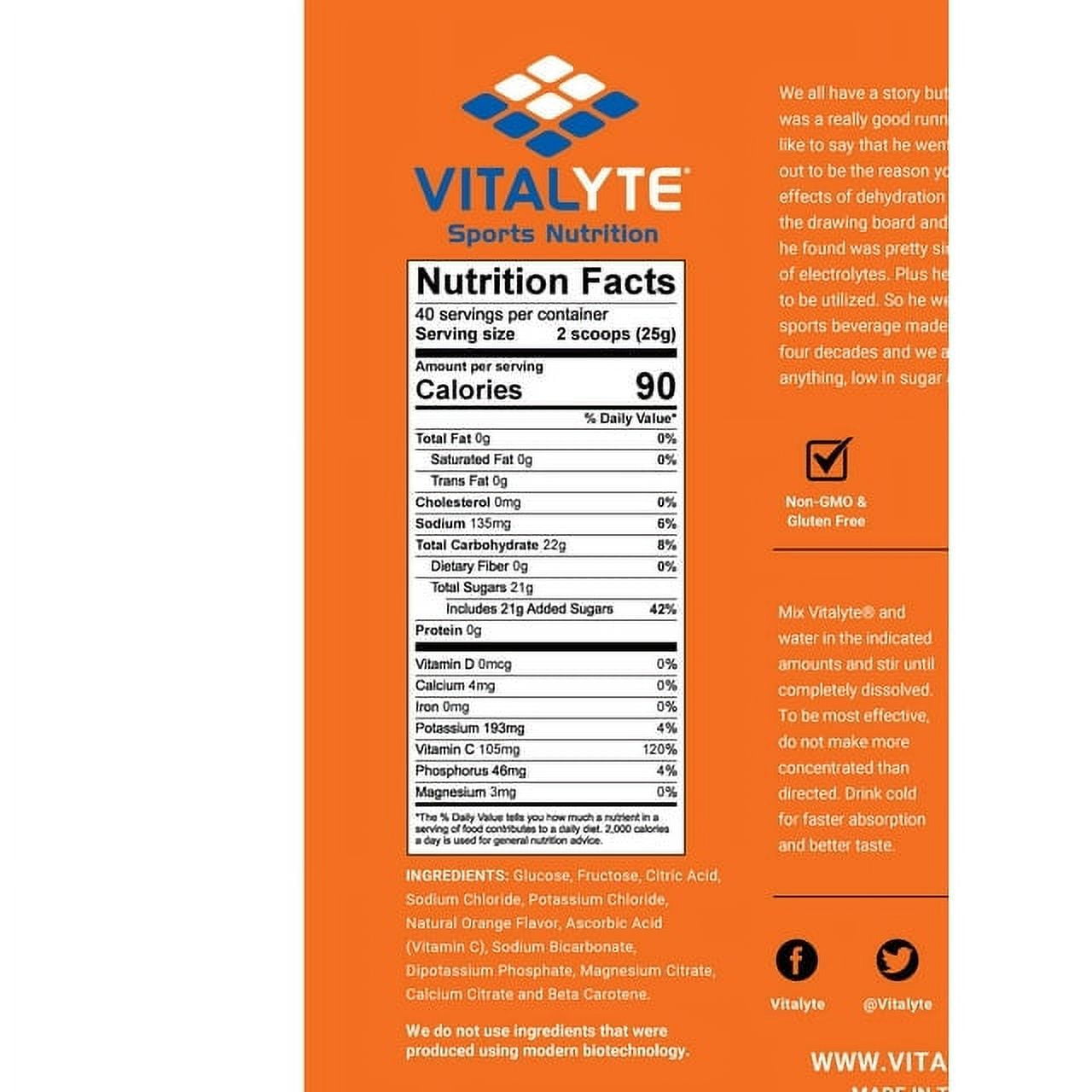 Vitalyte Orange Electrolyte Powder Mix, Isotonic Hydration, 160 Servings (4-pack, 35 oz Each)