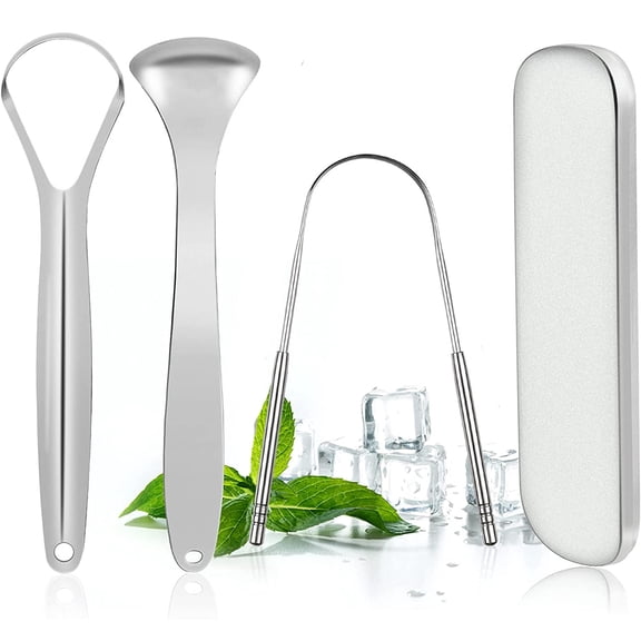 Tongue Scrapers for Adults and Kids - Professional Tongue Cleaners Set for Oral Cleaning, Reduce Bad Breath, Medical Grade Stainless Steel Tongue Scrapers (3-in-1) with Carrying Case (Silver)