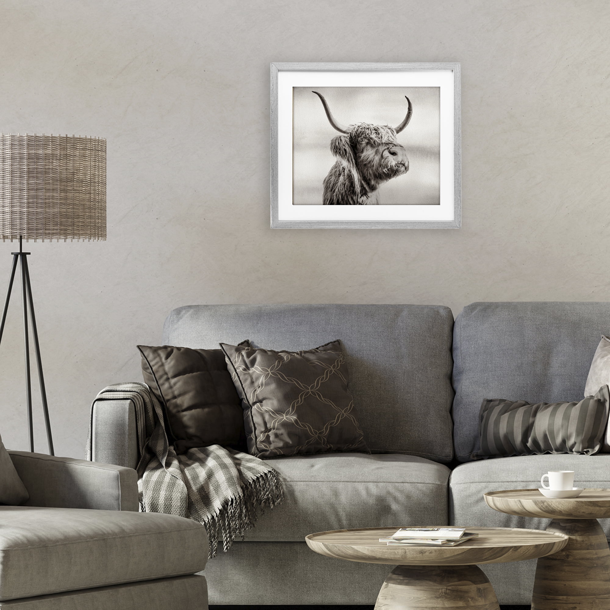 Stupell Industries Horned Highland Cow Gazing Gray Framed Print Under Glass, design by Julia Frost