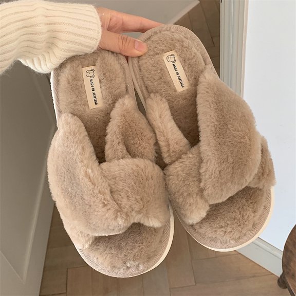 2024 New Fashion Cross Plush Slippers Women Winter Home Warm Plush Slippers Indoor Floor Flip-flops (Khaki,40)