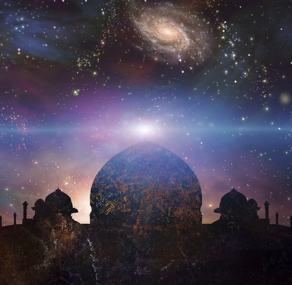 Temple in eastern style. Universe with galaxies on a background. Poster  Print by Bruce Rolff/Stocktrek Images (12 x 12) 