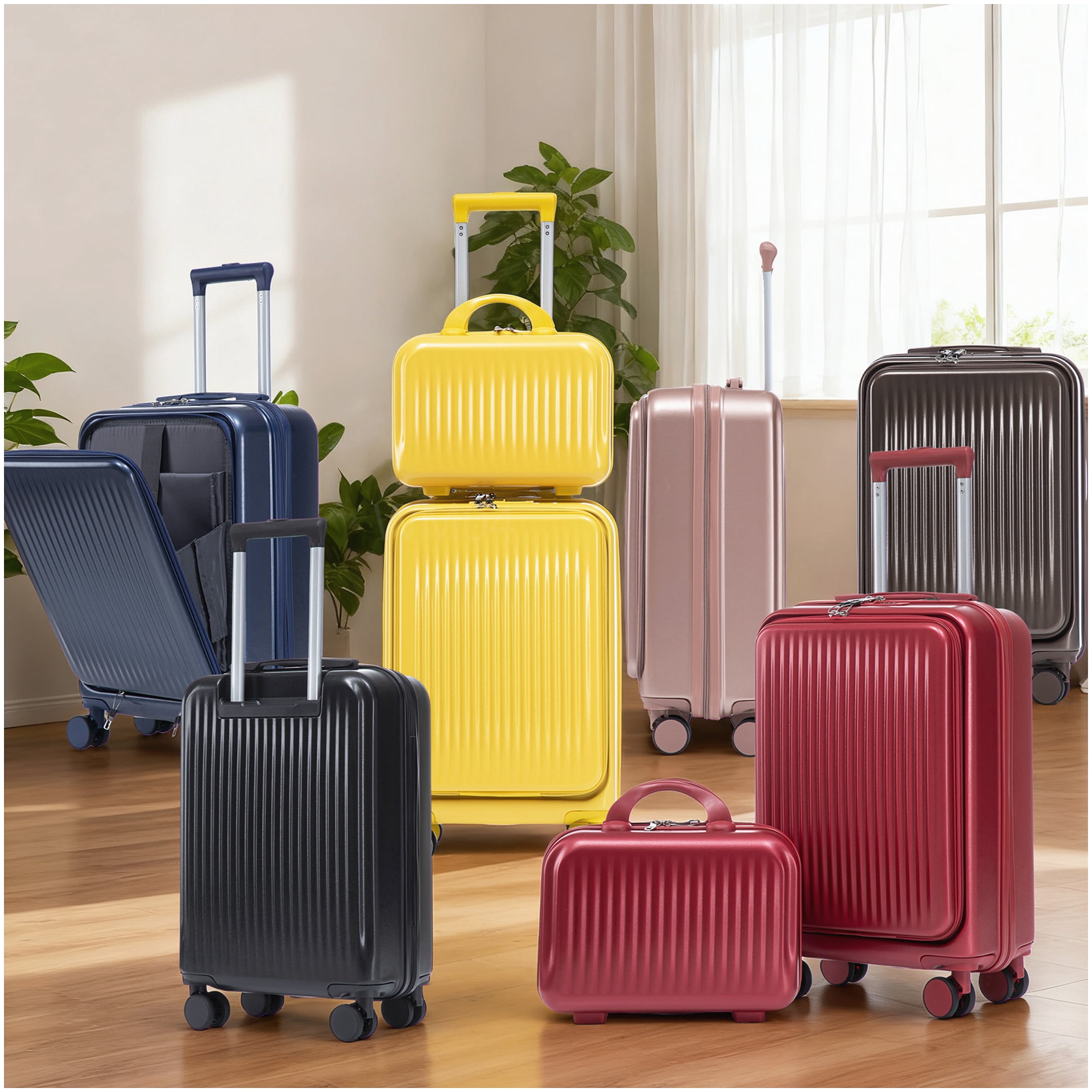 MANGIJOY 20 Inch Carry On Suitcase with Front Pocket &; 14 Inch Makeup Case - Yellow Hardcase Spinner Luggage Set, ABS Material