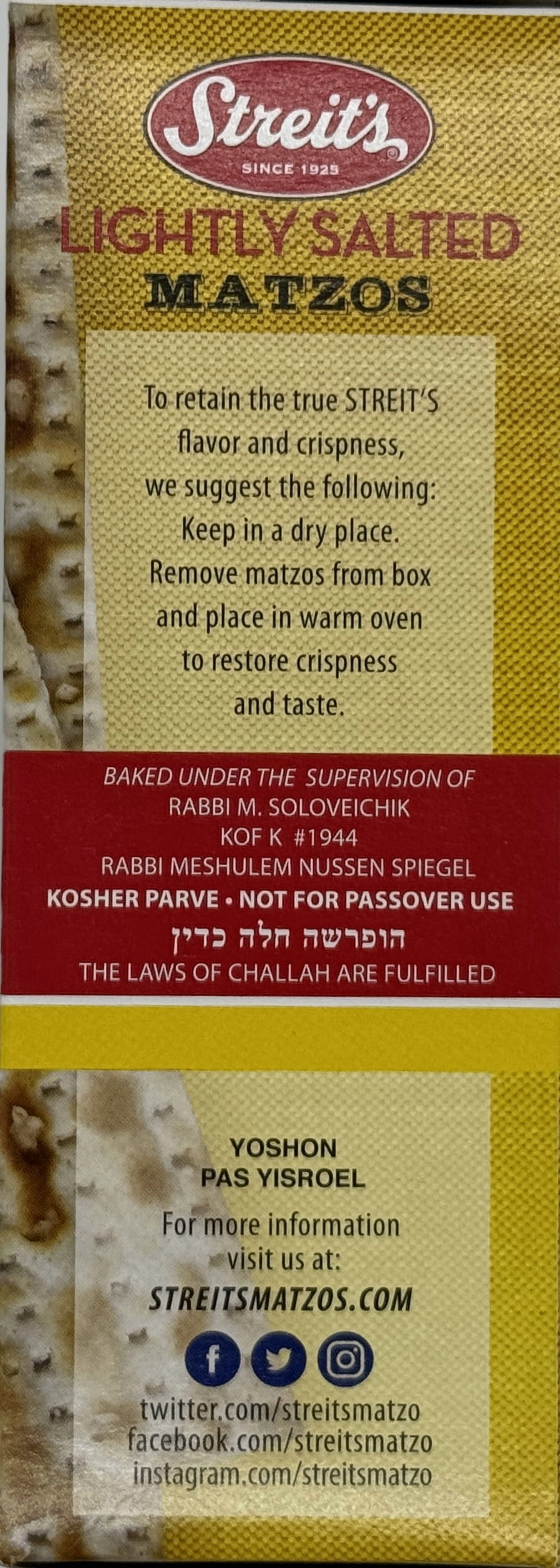 (3 pack) Streit's Lightly Salted Matzos, 11 oz