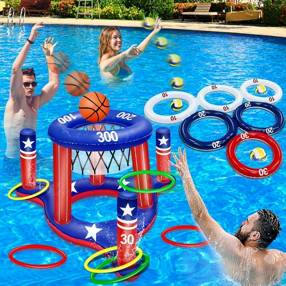 Ensemble de Jeux de Piscine Drapeau Américain, Panier de Basketball Flottant 2-en-1 et Jeu de Lancer d'Anneaux Gonflable avec Score pour Adolescents Adultes Jouets de Piscine d'Été Fête Patriotique du 4 Juillet