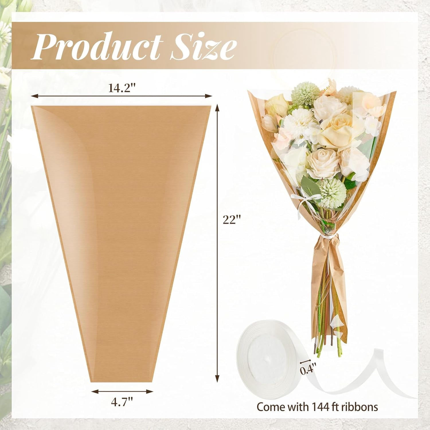 ANHXN Flower Bags for Bouquets, Flower Wrapping Paper Kraft Floral Wrap Sleeves with Ribbons for Mother's Day Florist Supplies Wedding