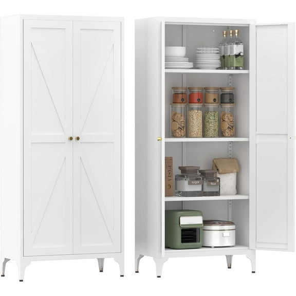 Metal Storage Cabinet,Food Pantry Cabinet with Doors and Adjustable Shelves,Kitchen Cupboard for Living Room,Utility Room,White