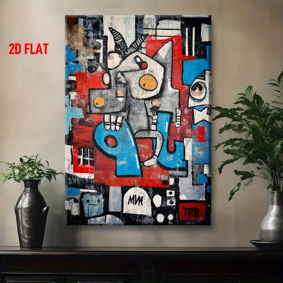 Modern Abstract Graffiti Wall Art Painting - Red Gray Blue Black White Bold Color Block Wrapped Canvas Framed Contemporary Urban Style Painting for Home Decor