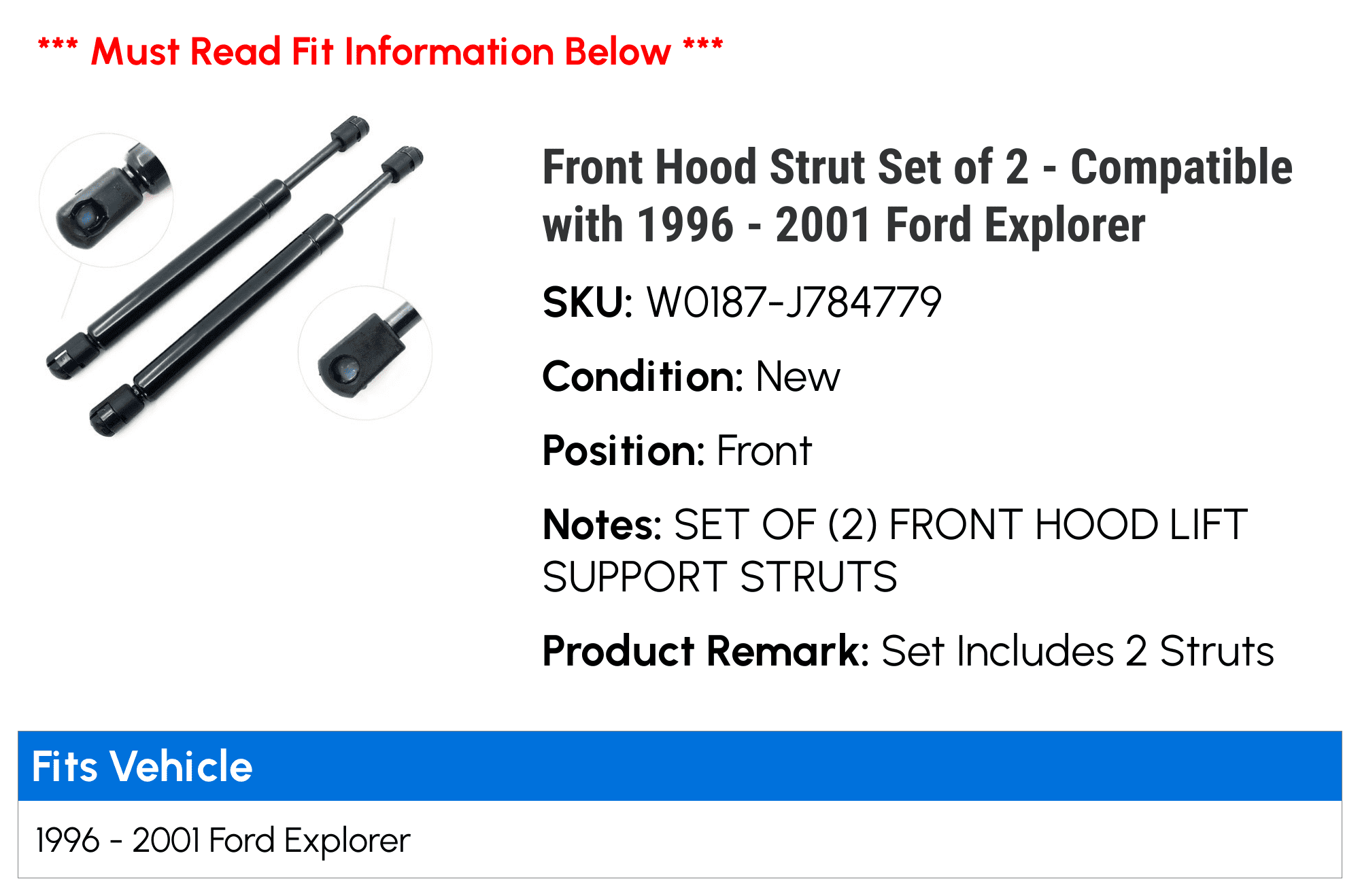 Front Hood Strut Set of 2 - Compatible with 1996 - 2001 Ford Explorer 1997 1998 1999 2000