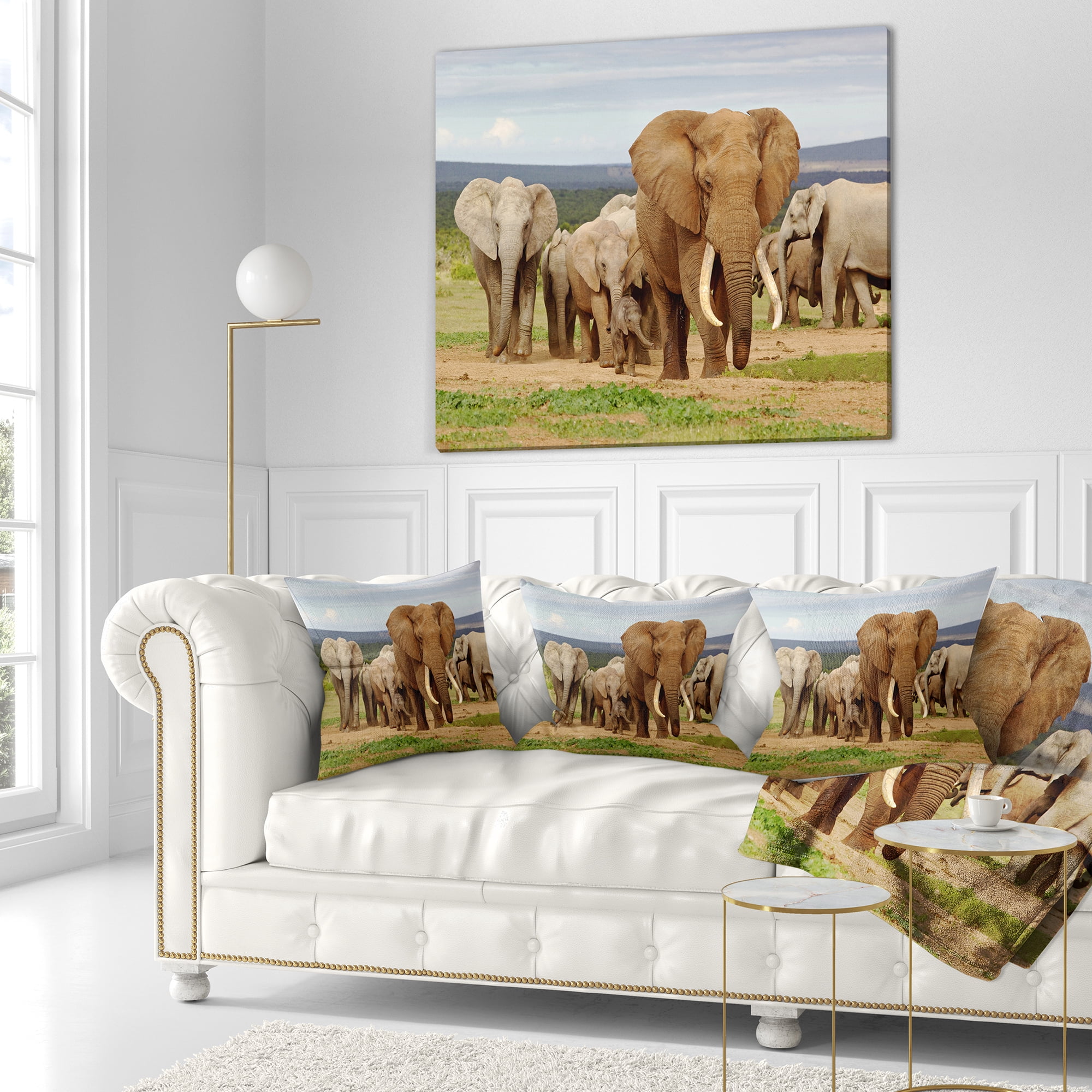 Designart Large Elephant Herd in Africa - African Throw Pillow - 18x18