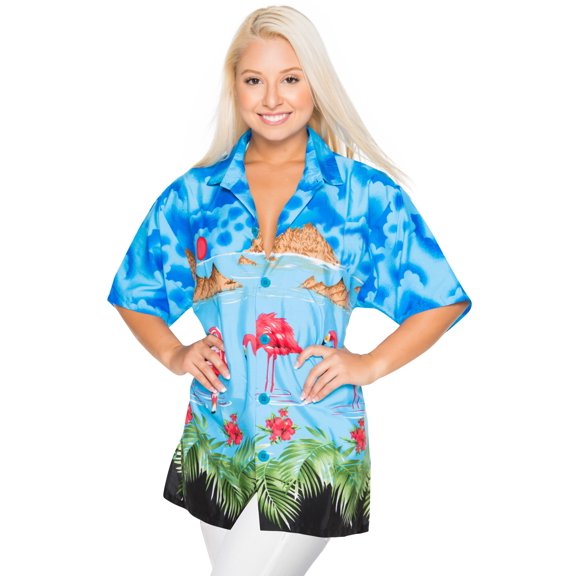 HAPPY BAY Women's Relaxed Fit Beach Blouses Holidays Short Sleeve Vacation Hawaiian Shirt Button Down Dressy Shirts For Women S Cerulean, Blue Flamingo