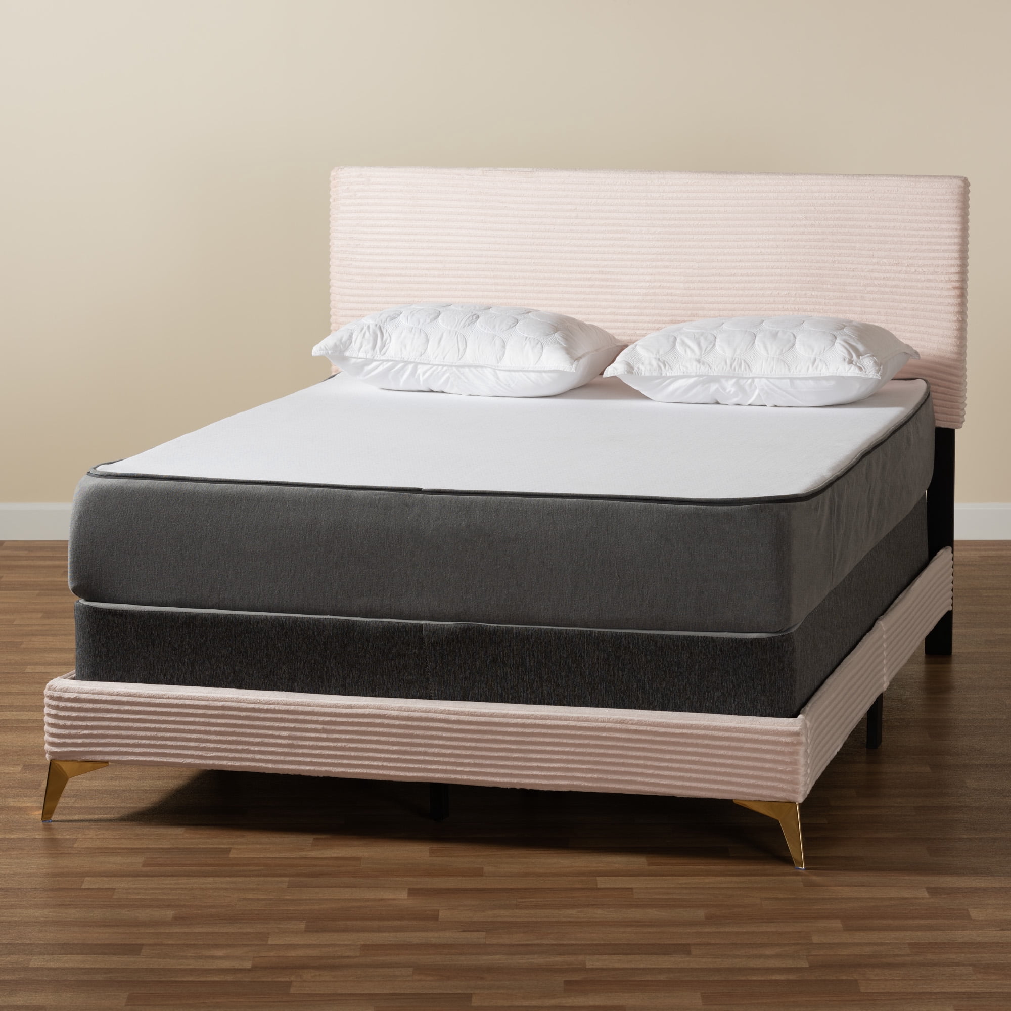 Baxton Studio Abberton Modern and Contemporary Light Pink Velvet and Gold Metal Queen Size Panel Bed