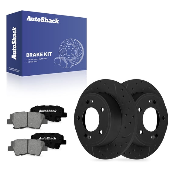 AutoShack Rear Solid Drilled & Slotted E-Coated Brake Rotors Black Finish   Ceramic Pads 6-PC Brake Kit Replacement for 2017-2019 Kia Soul 2019-2022 Kia Forte NightGuard 10.31" (261.9 mm)