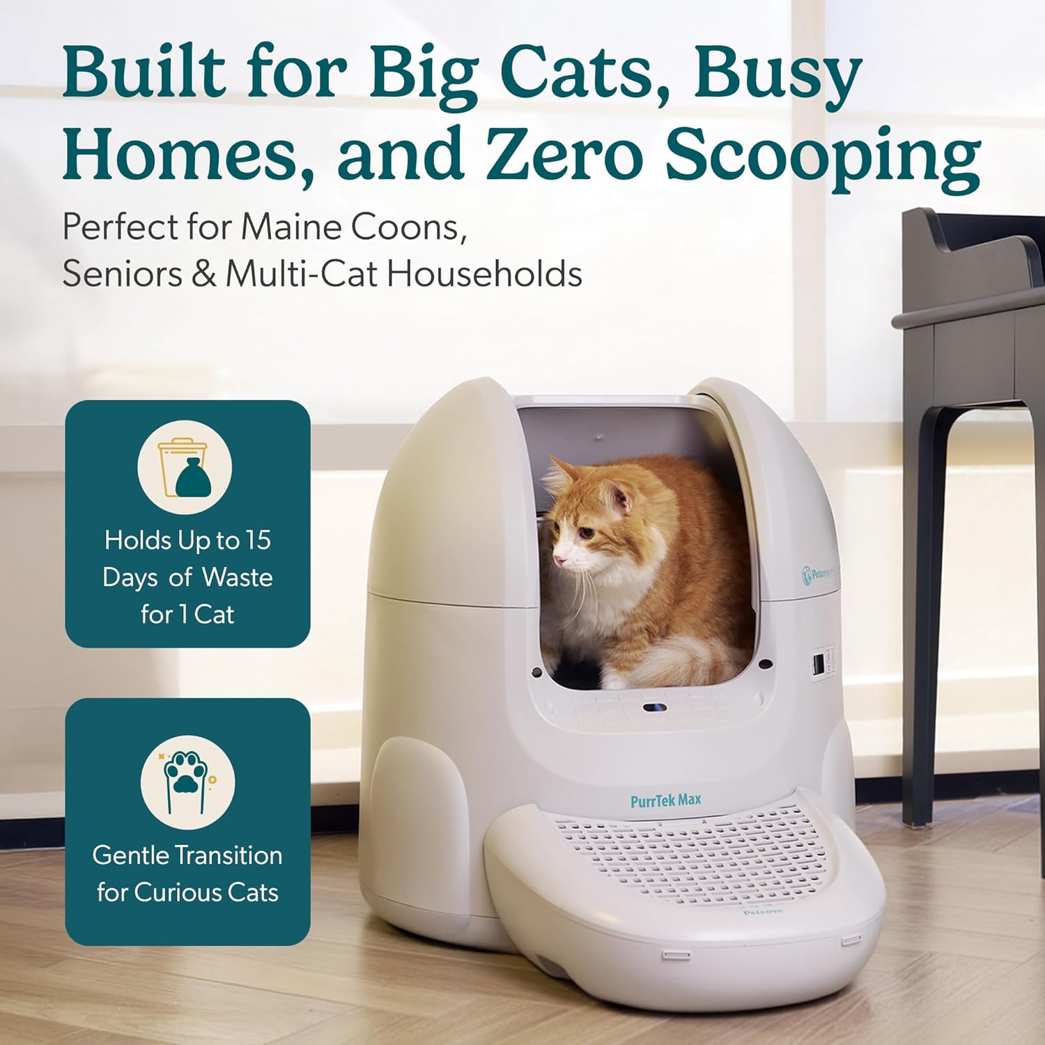 Petcove PurrTek Max Self Cleaning Cat Litter Box – XL 65L Automatic Litter Box for Multiple Cats | Ultra Quiet 30–35dB, Smart App Control, 5 Safety Sensors, Odor-Lock Bin, Ramp & 15 Bags Included