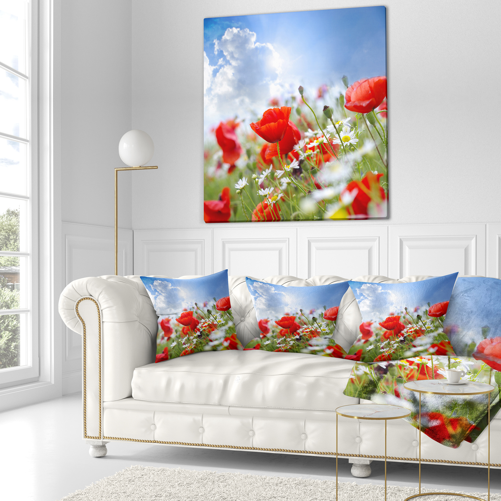 Designart Lovely Red Poppies on Sky Background - Floral Throw Pillow - 16x16