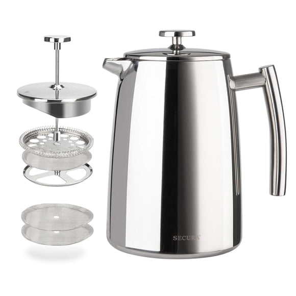 Secura Cafetière à Pression Française, 34 Onces, Cafetière Isolée en Acier Inoxydable 304 avec Écrans SupplémentaireSecura Cafetière à Pression Française, 34 Onces, 3