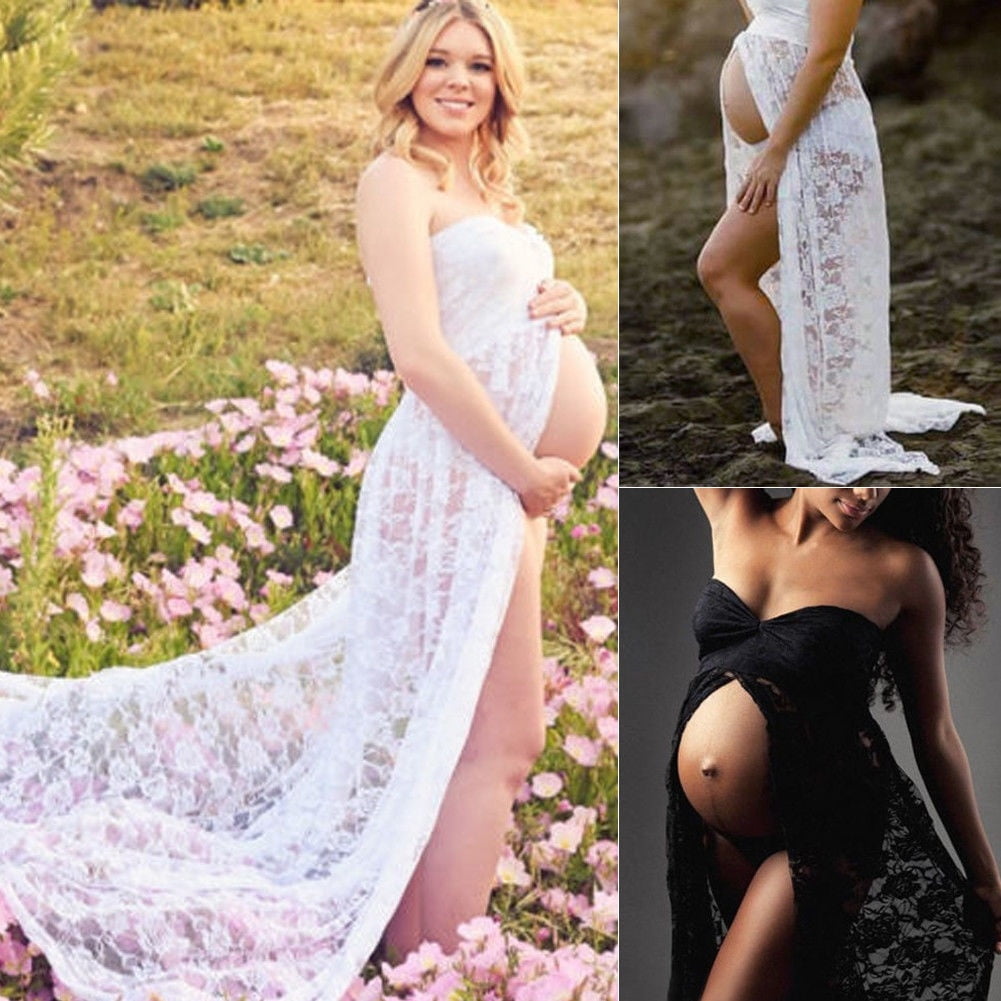 Womens Maternity Lace Side Split Maxi Long Mesh Dress Pregnant Photography Props 