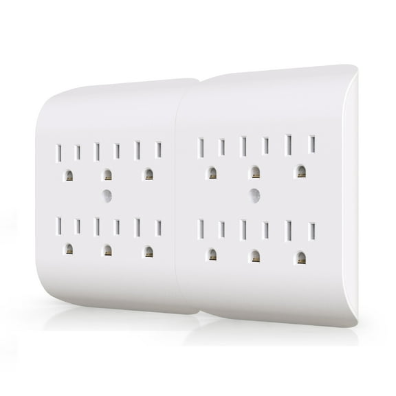 ELEGRP 6 Outlet Extender with Central Anchor, 3 Prong Grounded Wall Tab, Multiple Outlet Extender with 6 Electrical Outlets, ETL Listed, White（2 Pack)
