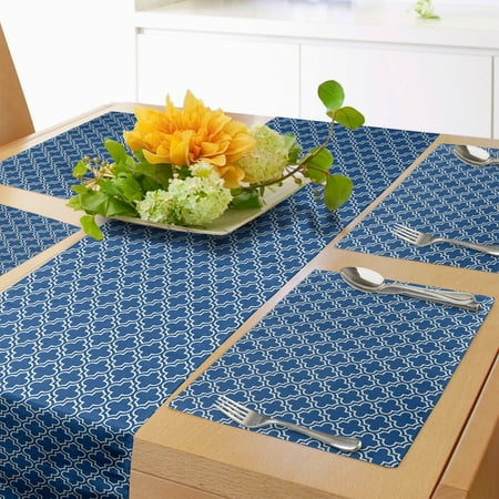 

Quatrefoil Table Runner & Placemats Vintage Traditional Lattice with Symmetric Elements Art Set for Dining Table Decor Placemat 4 pcs + Runner 16 x72 Dark Sky Blue and White by Ambesonne