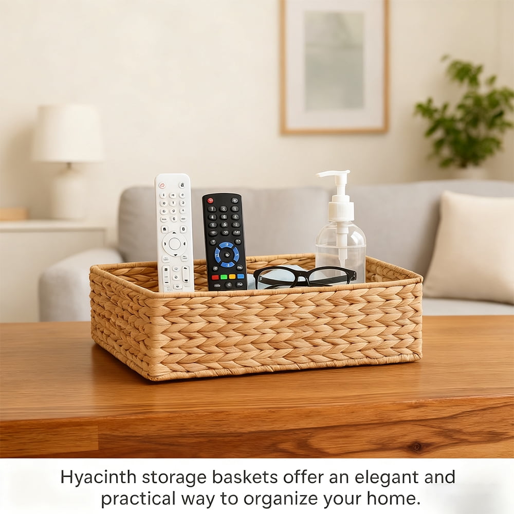 Large Rectangular Hand Woven Wicker Storage Basket Handwoven Water Hyacinth Storage Baskets (Large,17 x 12 x 6inch)