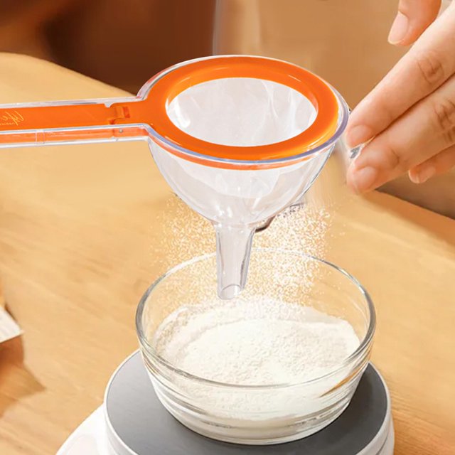 Filtro de malla para alimentos, embudo para alimentos con colador con mango, colador de malla, embudo de cocina para llenar botellas de leche de soja naranja