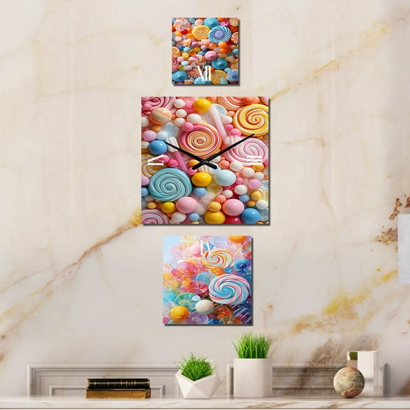 Designart "Colorful Popart Candy Delight" Desserts Oversized Wall Clock - Set Of 3 - Extra large Traditional Clock For Office Décor - Large Vertical Clock