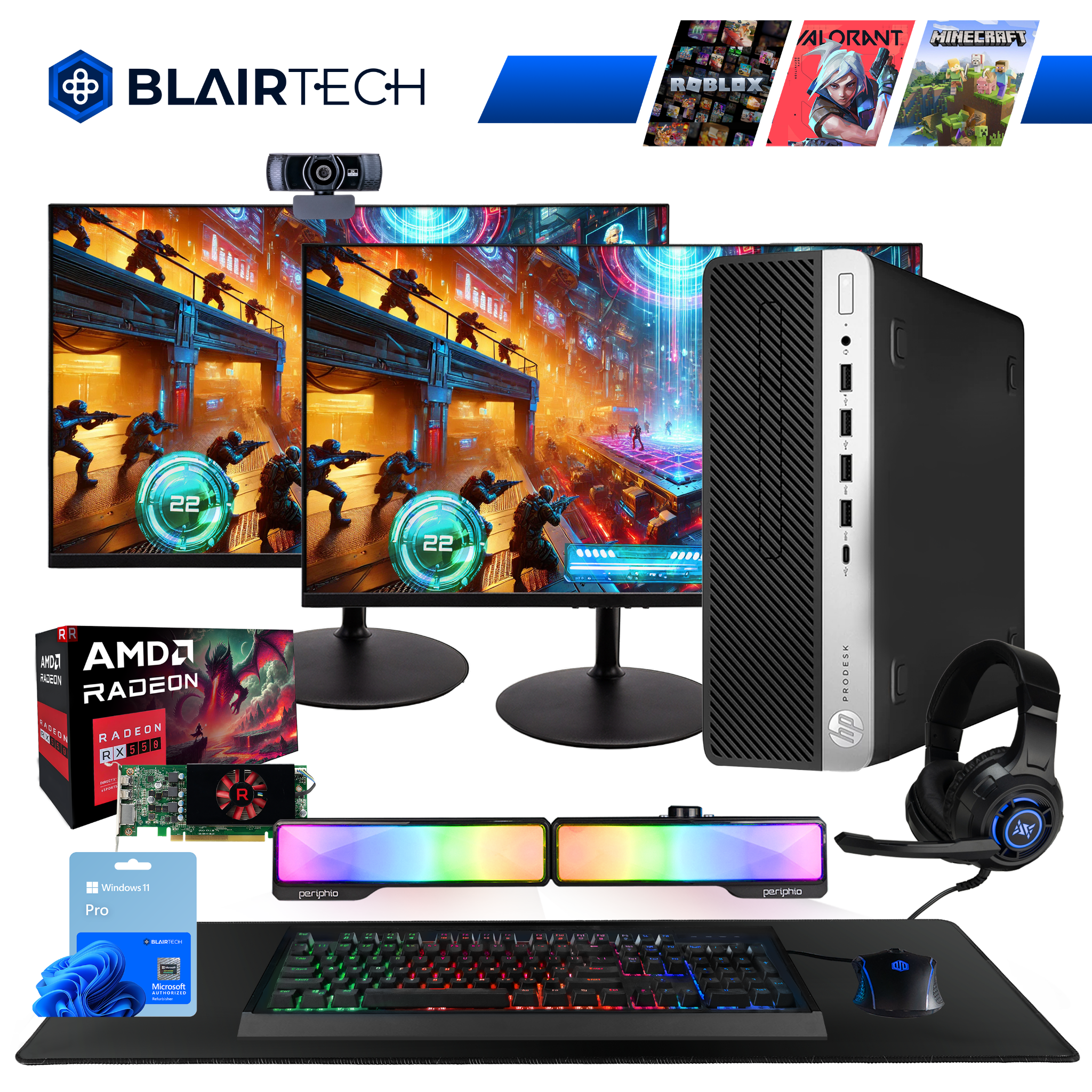 Restored Blair Tech 600 G4 Windows 11 Streaming PC Kit - Intel Core i5, 16GB RAM, 512GB SSD, AMD RX 550 - RGB Gaming Keyboard, Mouse, Soundbar, Webcam, & Headset - 2x 24" New Monitors (refurbished)