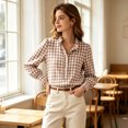 thumbnail image 5 of Shirts for Women Casual Plaid Ruffle Collar Long Sleeve Button Front Regular Fit Work Wear Shirt, 5 of 7