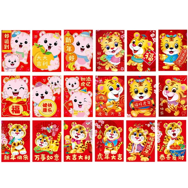 Coofit 2022 Enveloppe Rouge Chinoise de Poche Dessin Animé 18 Pcs Tigre Rouge Enveloppe Argent Porte-Bonheur