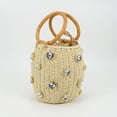 thumbnail image 3 of CHUANK Straw Bucket Bag Wicker Handbag for Women Rattan Tote Bag with Pearl Flower Summer Beach Bag Drawstring, 3 of 7
