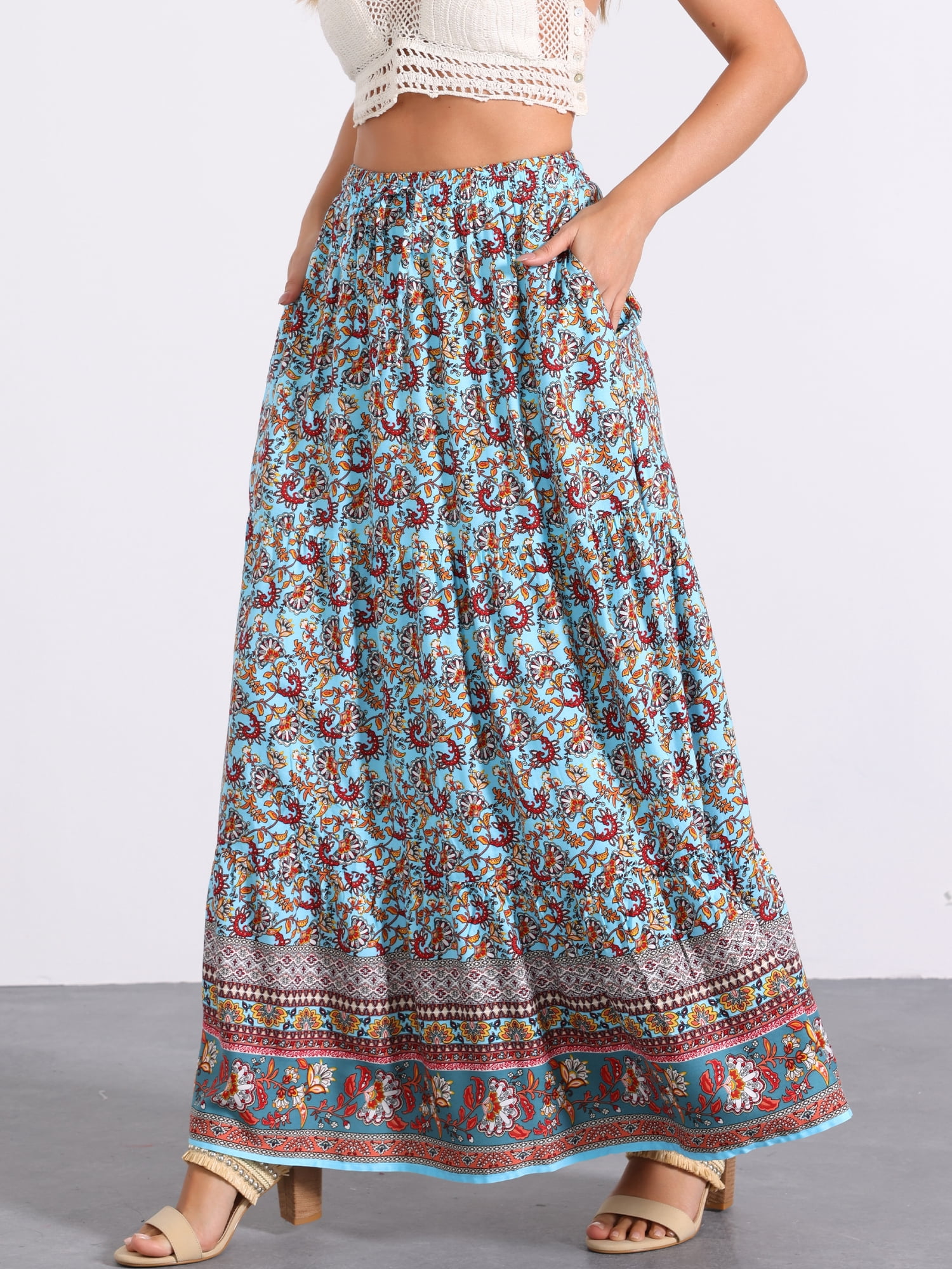 DARING DIVA Women's Boho Flare Floral Skirt S Blue