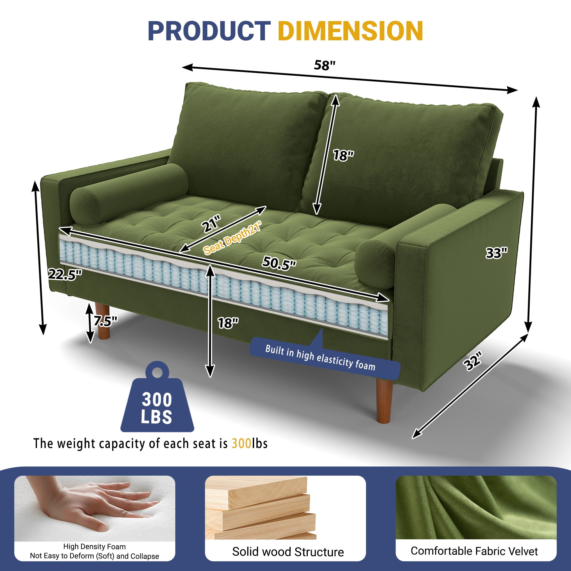 Koby Home Sectional Loveseat Couch Sofa Mid-Century 58" Sofas Couches for Living Room Olive Green