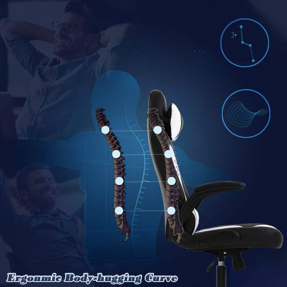 BestOffice PU Leather Gaming Office Chair , Massage & Lumbar Support Desk Chair for Adults, White
