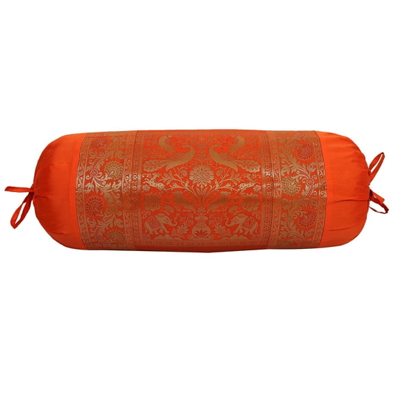 Stylo Culture Indian Polydupion Cylindrical Tubular Bolster Case Pillow Cover Orange Jacquard Brocade Border Elephant Large Diwan Cylinder Pillow Cushion Cover (1 Pc) | 30x15 Inches (76x38 cm)