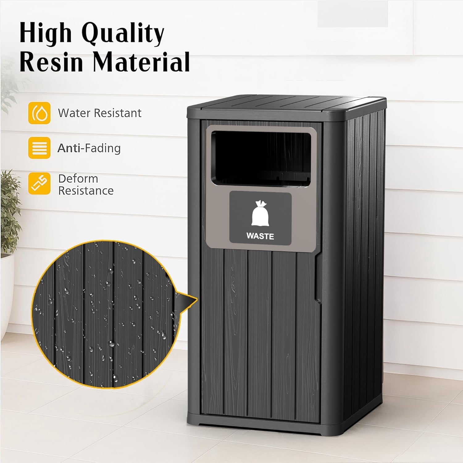 Outdoor 1-Barrel Resin Trash Can – Waterproof, UV-Resistant – Recycling Label, Fits 30-39 Gal Bags, Black, 16.1x16.5x35.4in