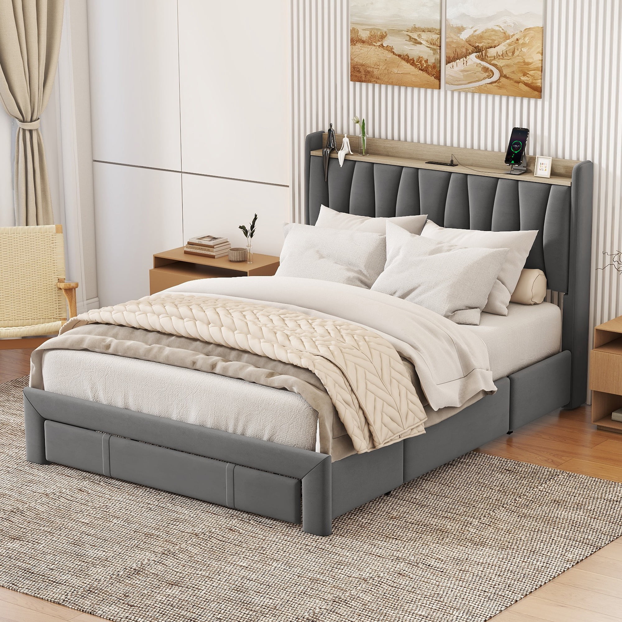 Leumius Queen Size Bed Frame with Storage Headboard & USB Charging Station,Upholstered Platform Bed with 3 Storage Drawers,No Box Spring Needed,Dark Gray
