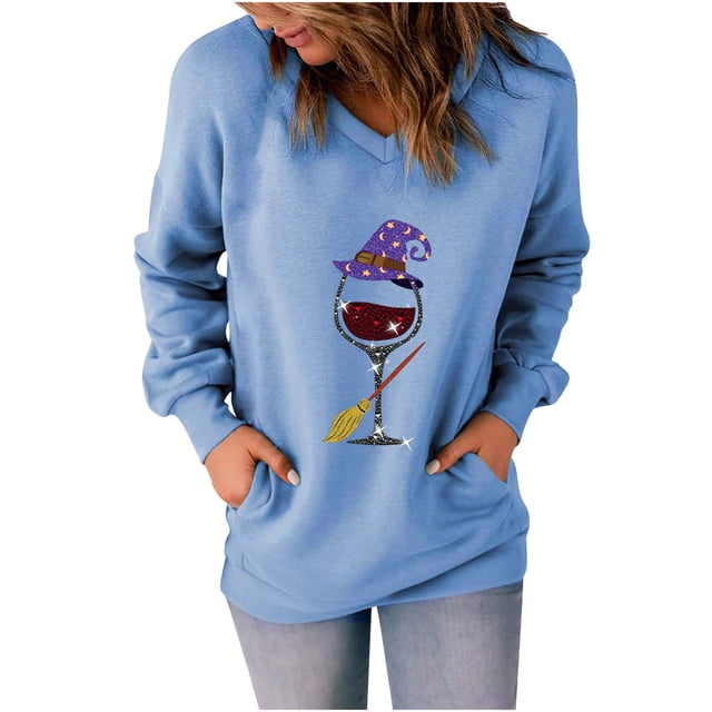 Sudadera clásica de manga larga con cuello en V y estampado de Halloween para mujer Pompotops FGAJ15750