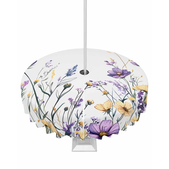 Fsddascl Purple Floral Spring Outdoor Tablecloth - 54 Inch Round Dining Table Cover, Watercolor Summer Botanical Waterproof Outdoor Table Cloth with Umbrella Hole & Zipper for Picnic/Patio/Party