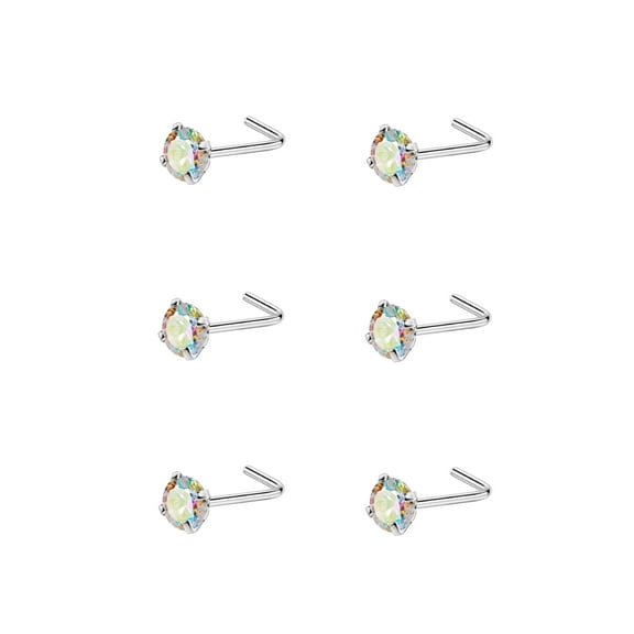 6pcs 22g 3mm Nose Rings Studs for Women Rainbow CZ Nose Studs Silver 6.5mm Length L Shaped Nostril Piercing Jewelry 22 Gauge Nose Jewelry Surgical Steel L Bend Nose Stud